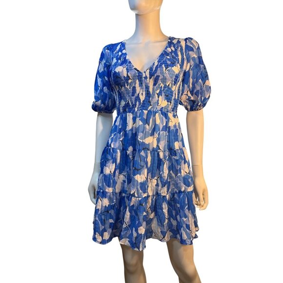 Billy J Marcy Mini Dress Blue Multi Size 8 Smocked Waist Puff Sleeves Rayon NWT - Picture 1 of 7